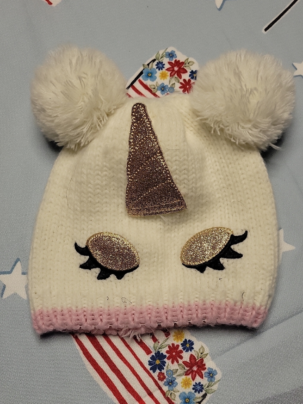 Unicorn Pom Beanie Hat - White with Pink Trim